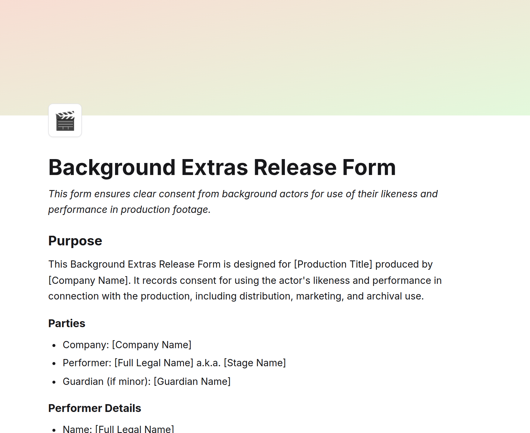 Background Extras Release Form