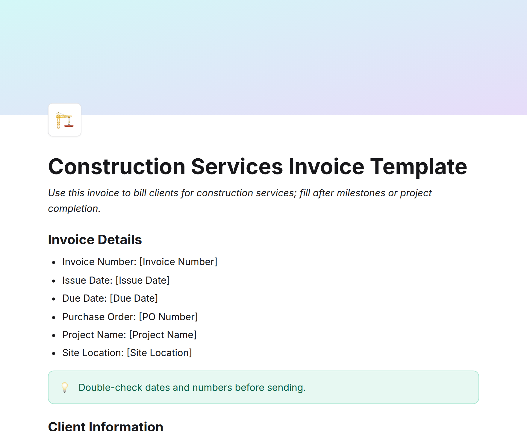 Construction Services Invoice Template