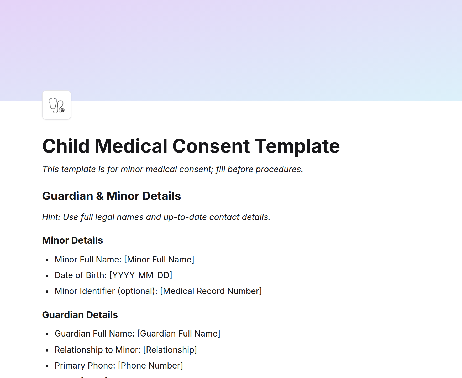 Child Medical Consent Template