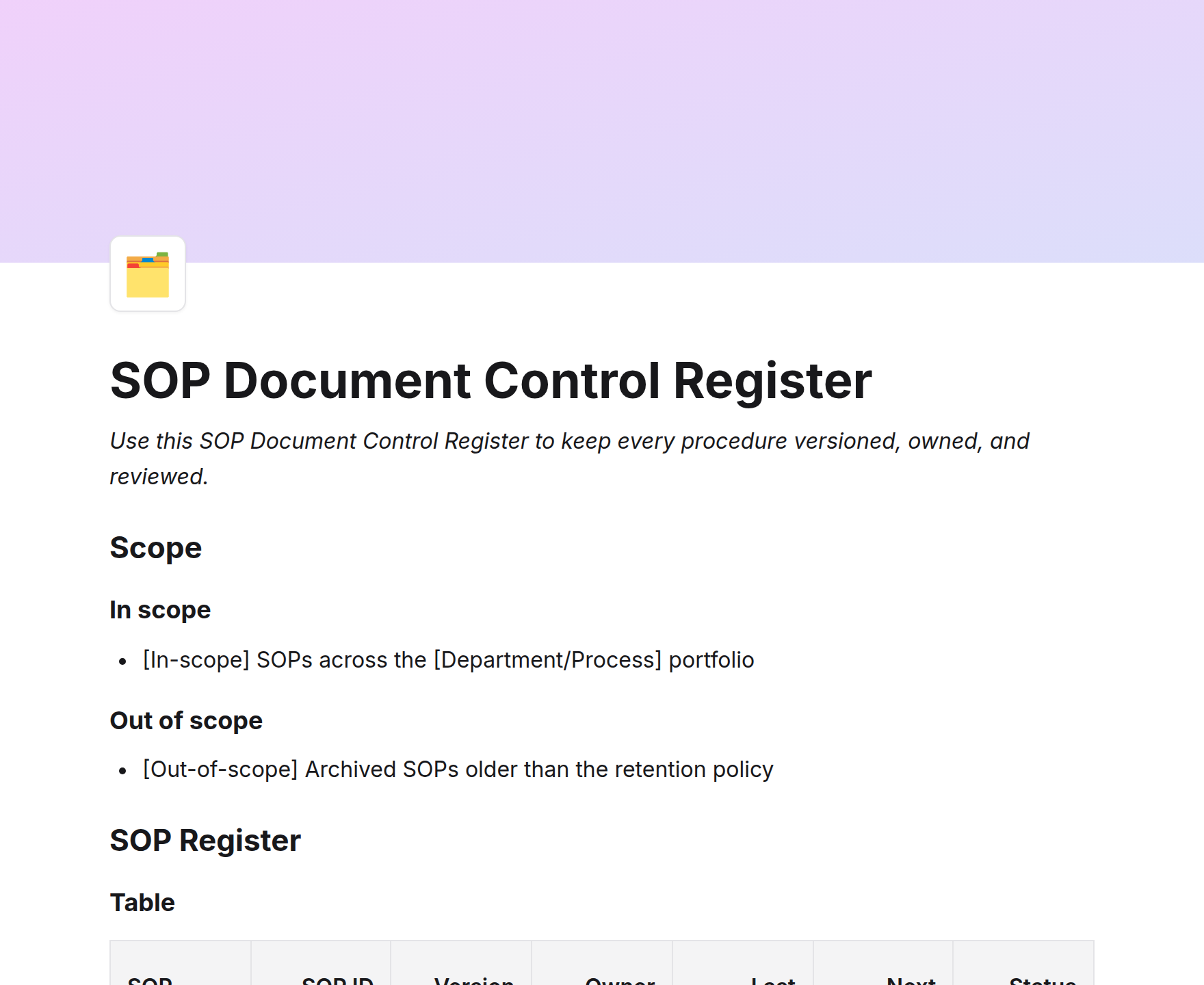 SOP Document Control Register