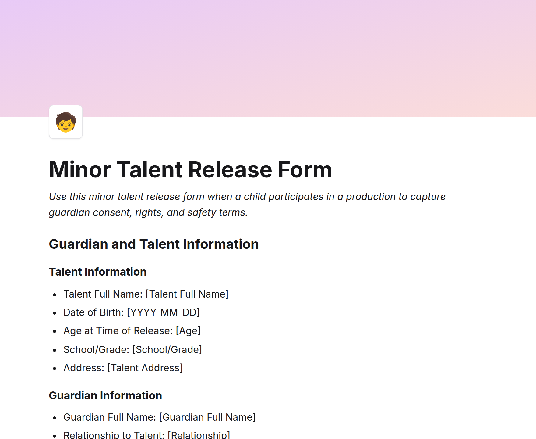 Minor Talent Release Form