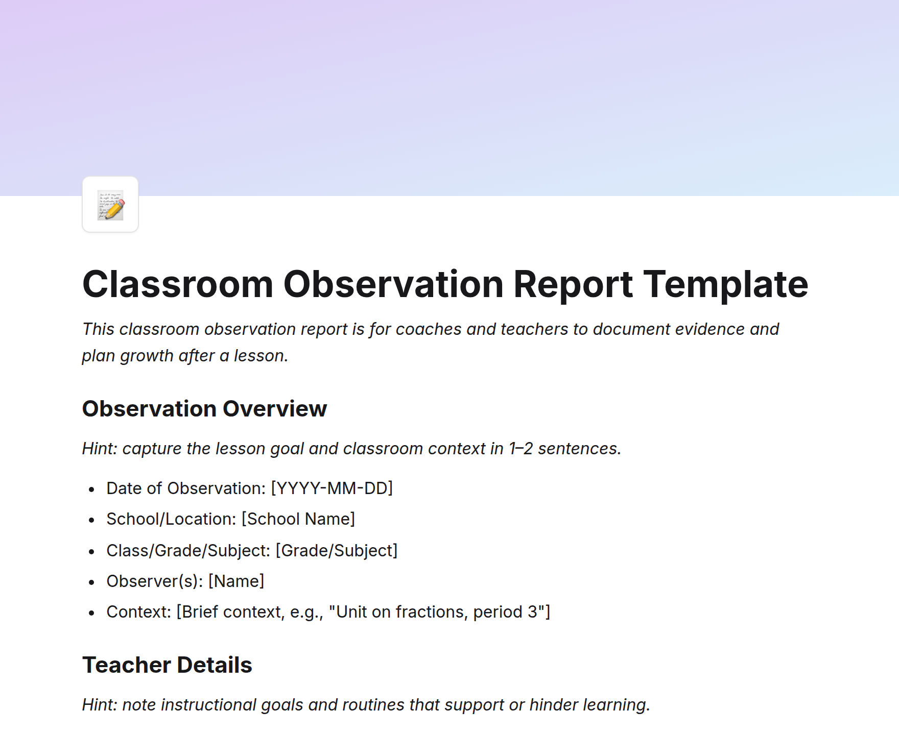 Classroom Observation Report Template