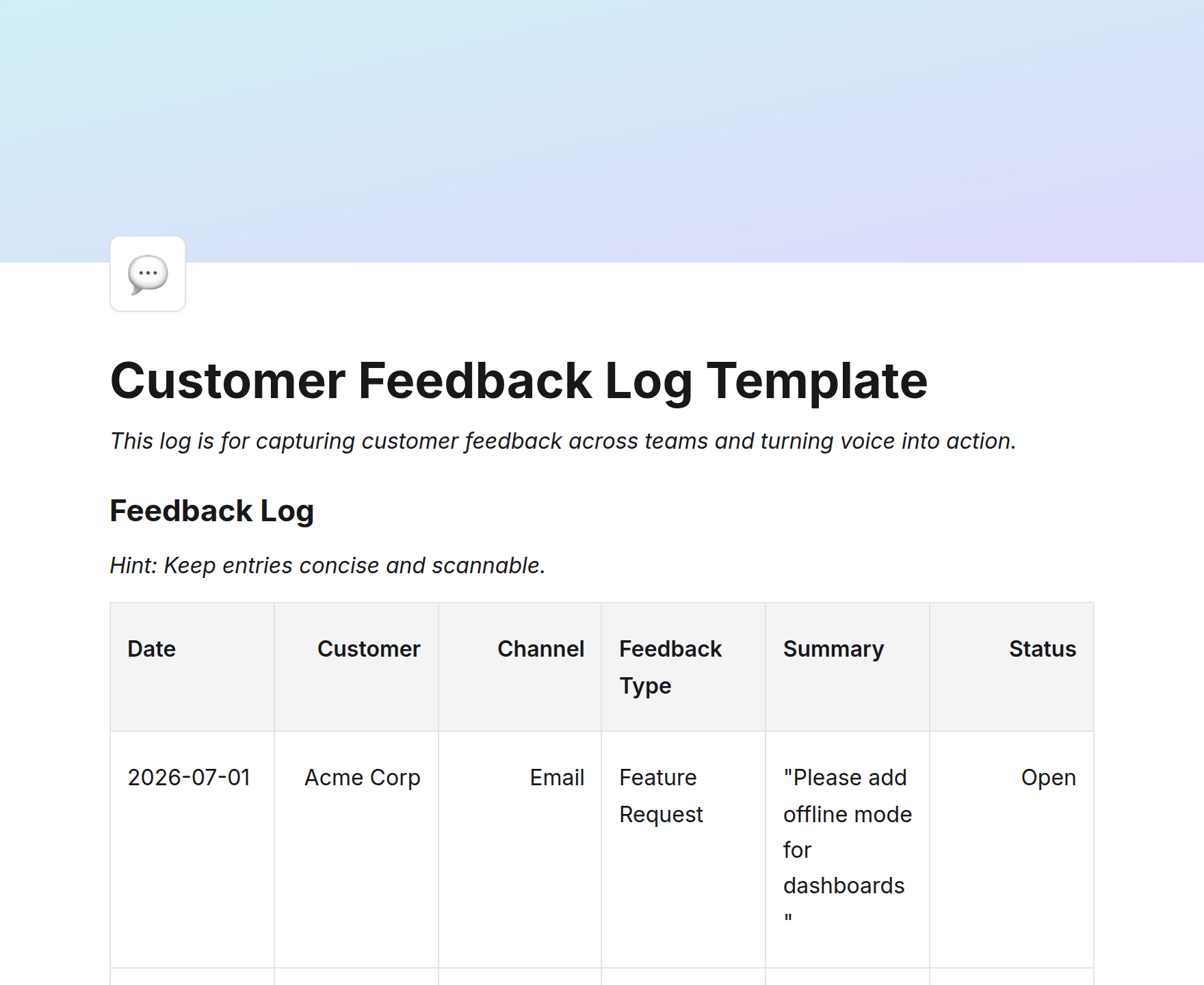 Customer Feedback Log Template