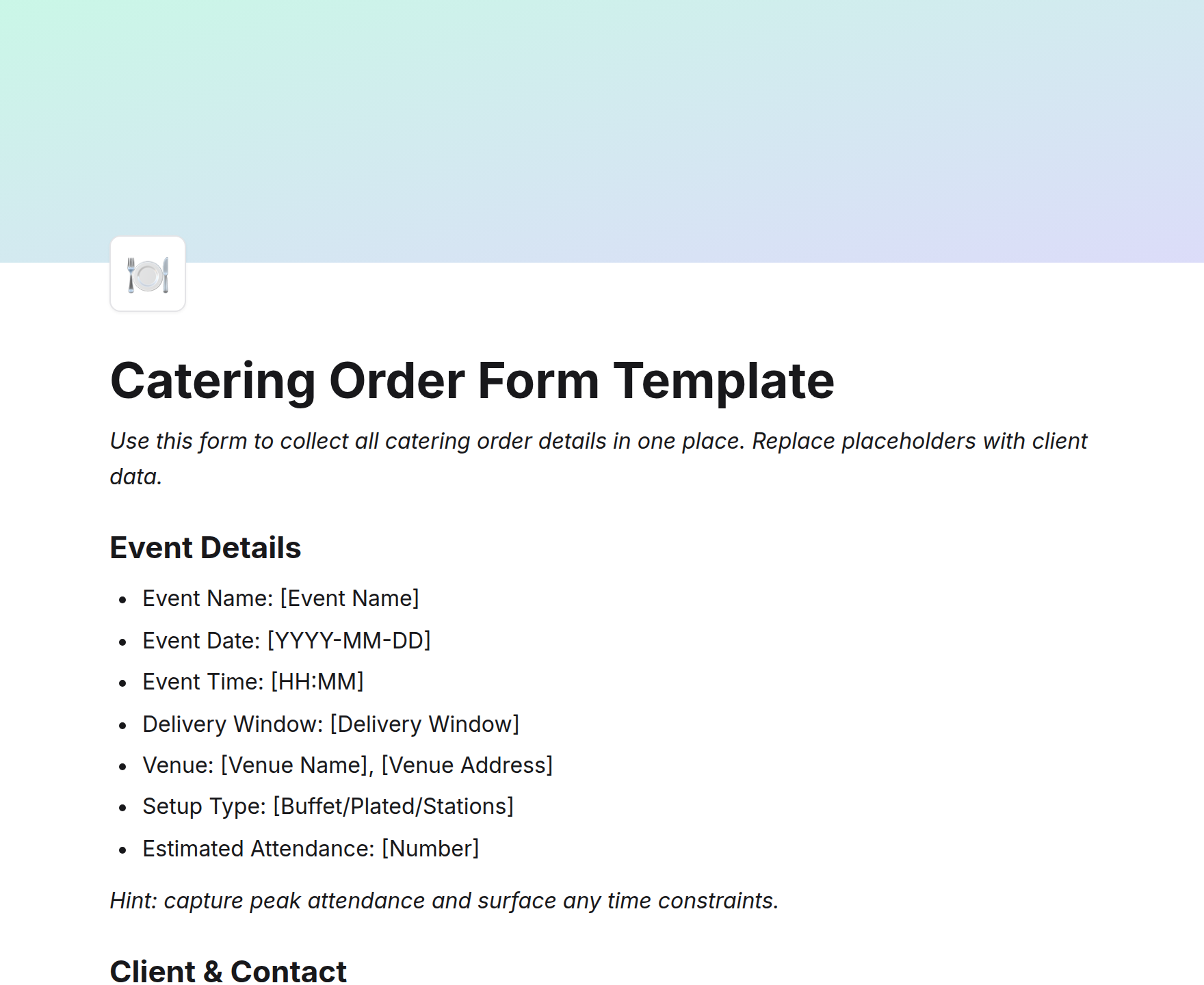 Catering Order Form Template