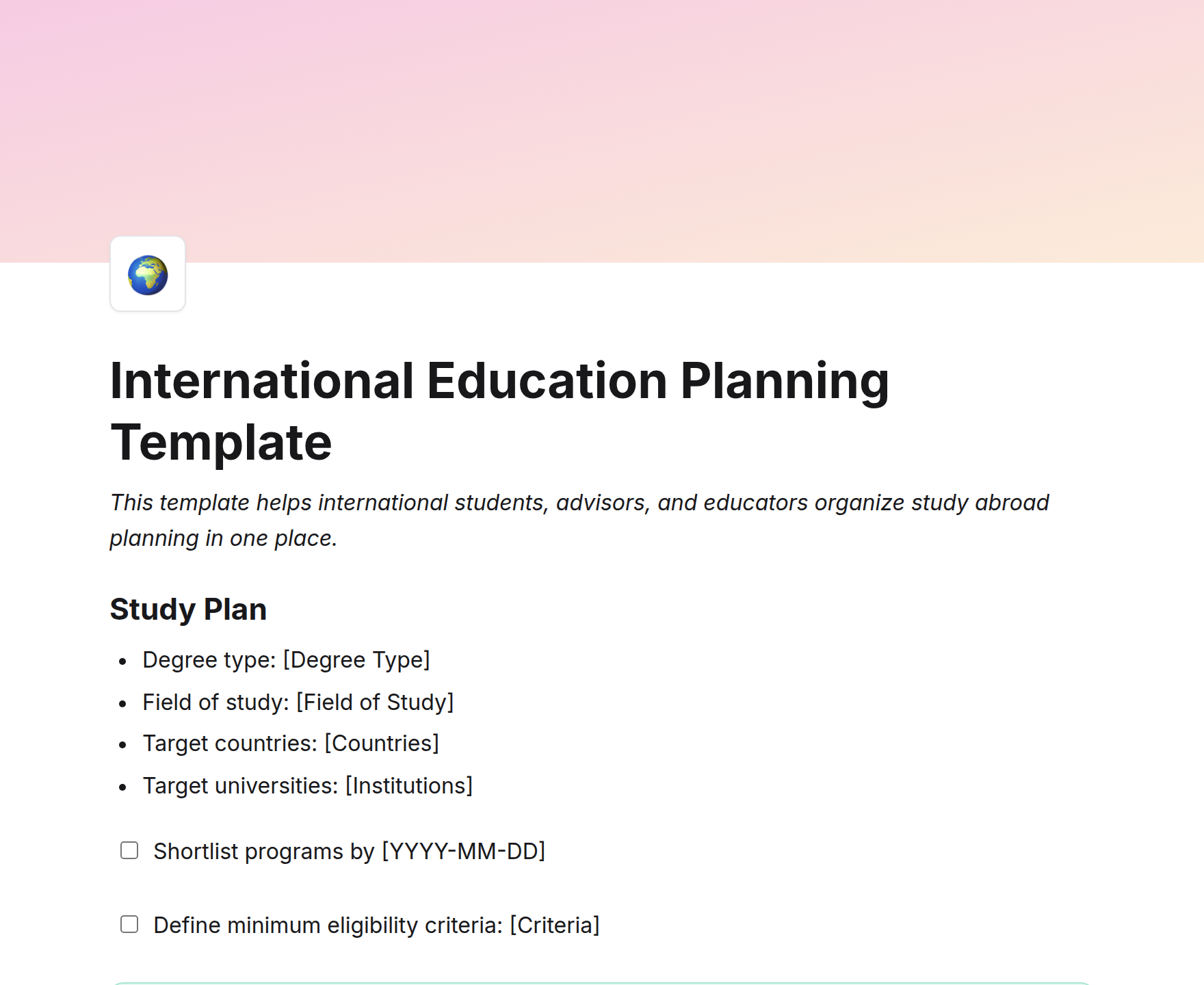 International Education Planning Template