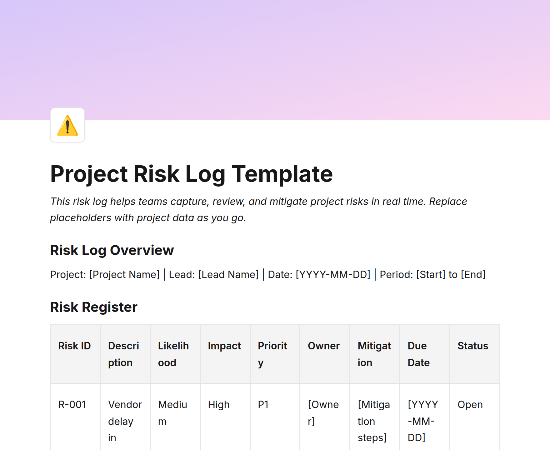 Project Risk Log Template
