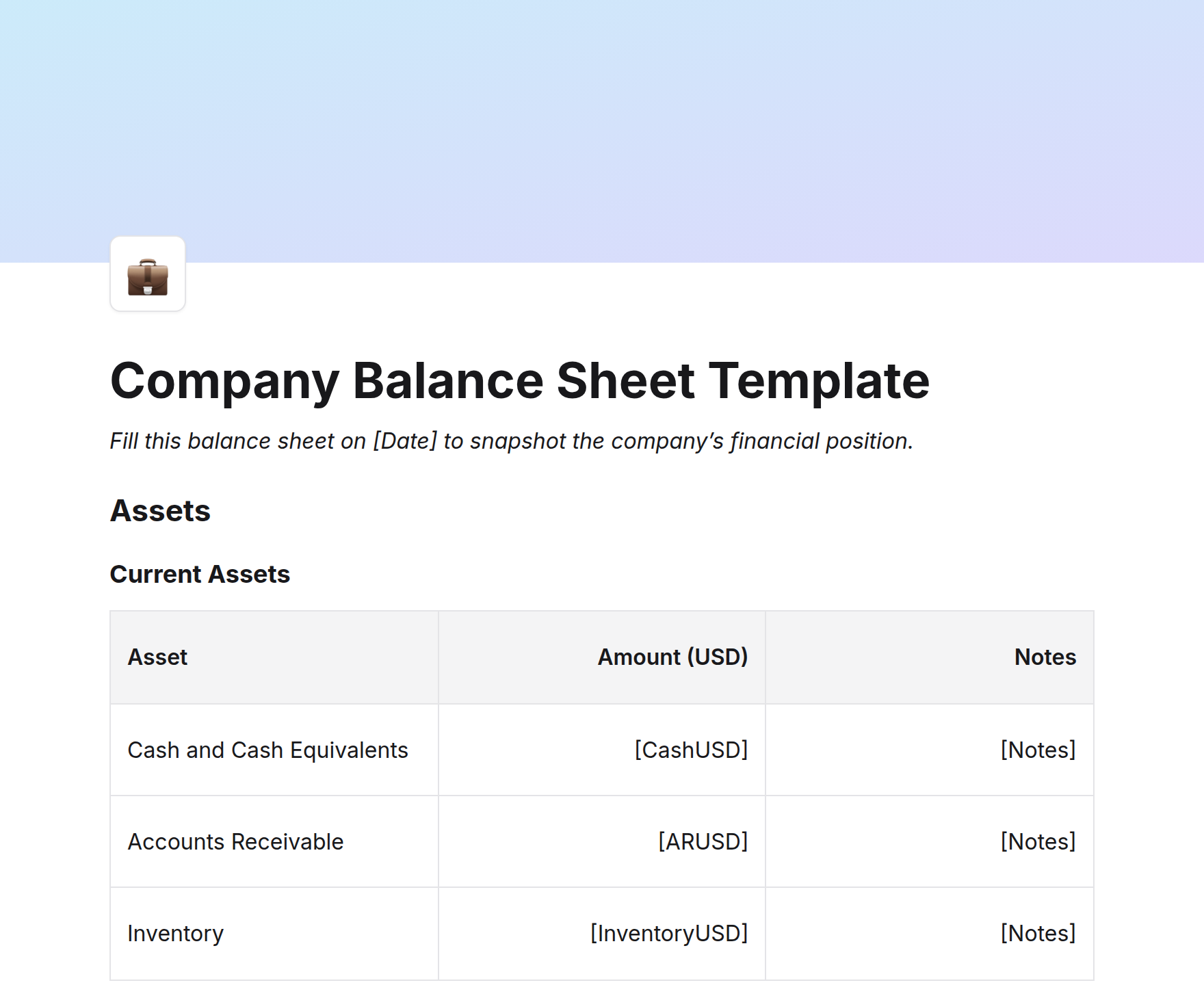 Company Balance Sheet Template
