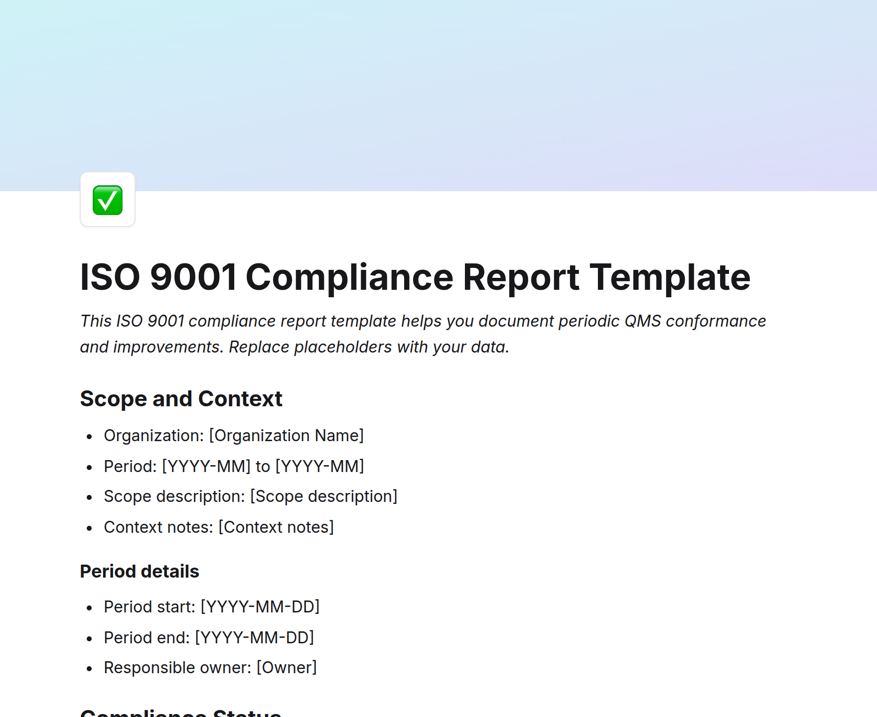 ISO 9001 Compliance Report Template