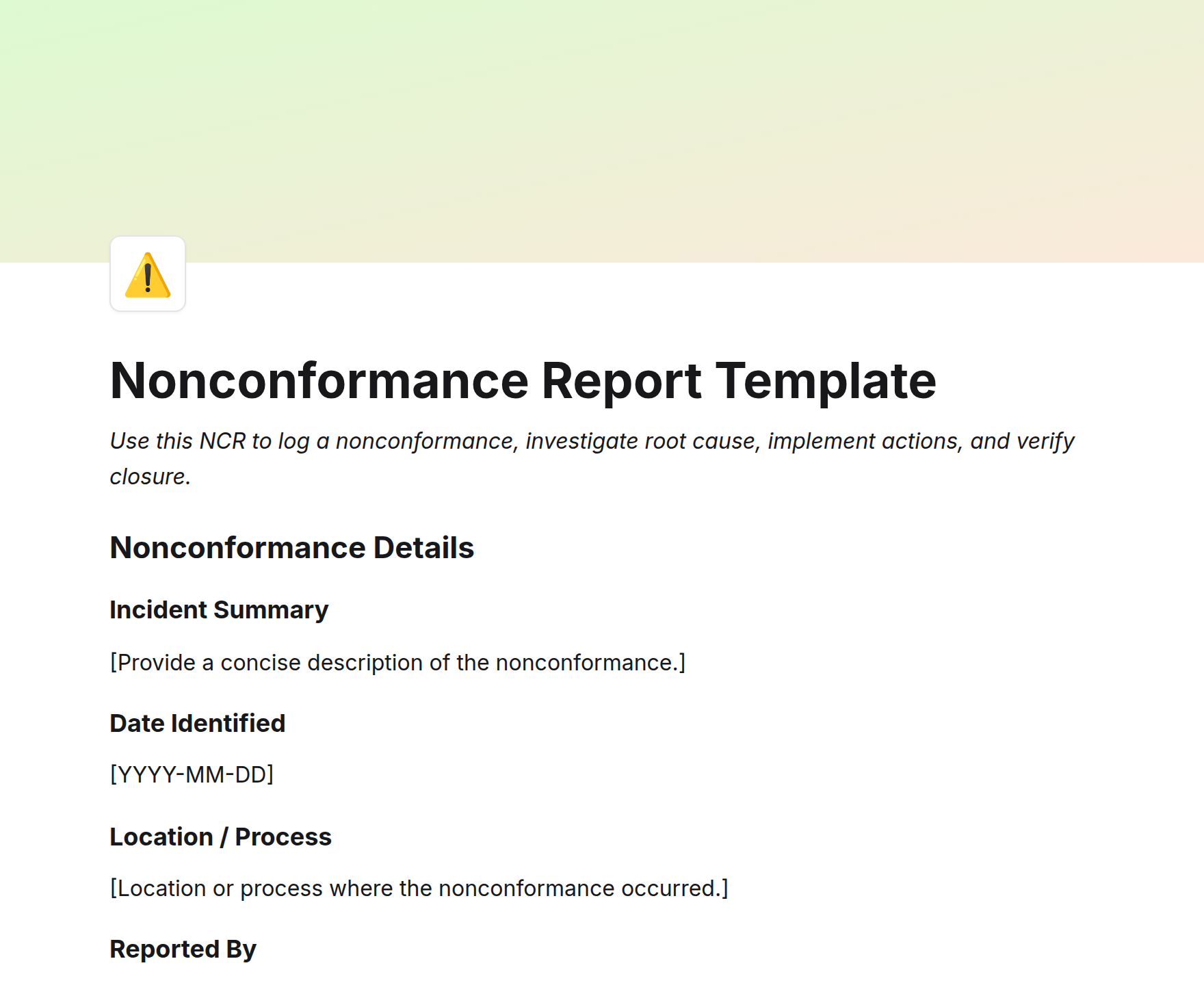 Nonconformance Report Template