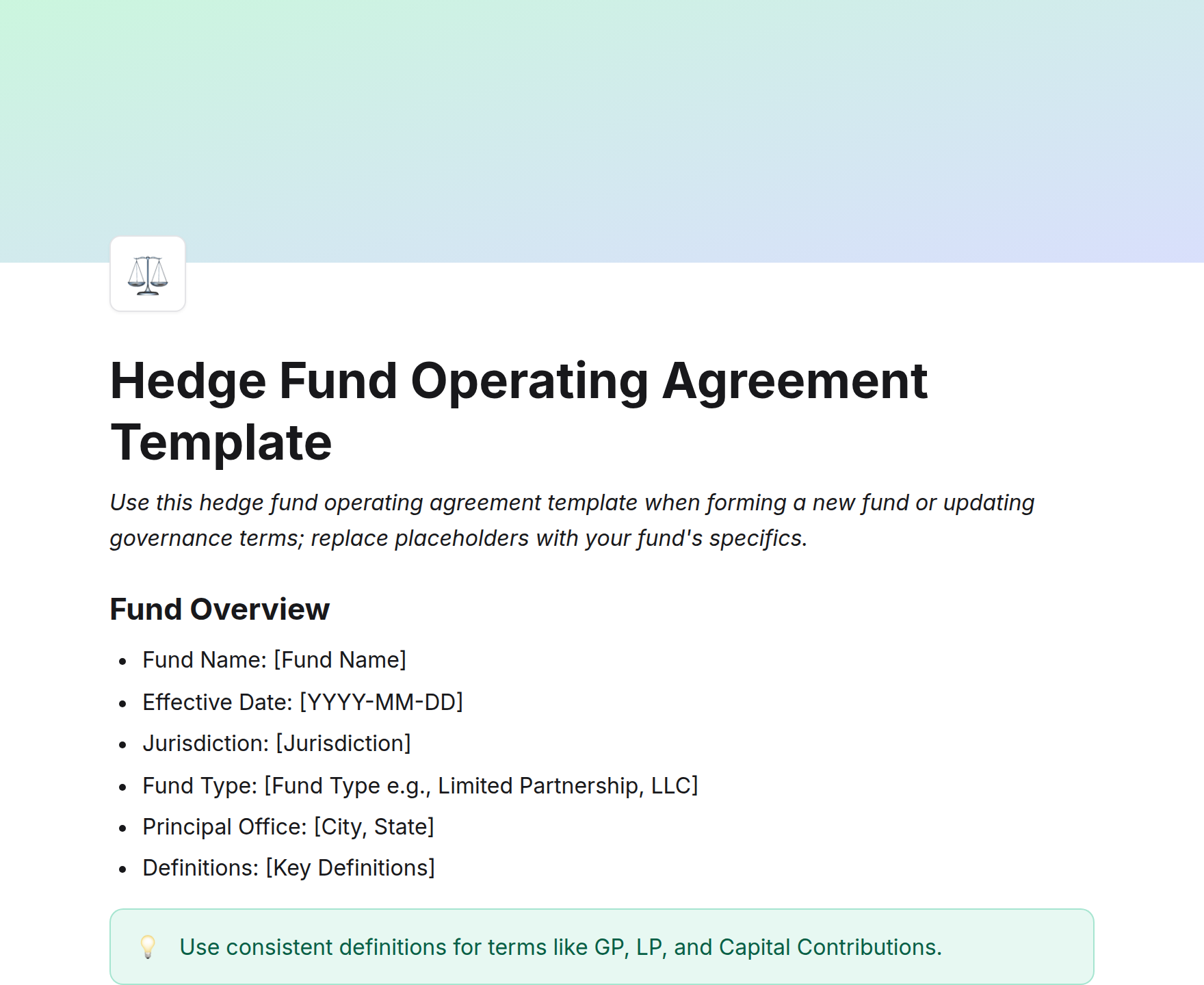Hedge Fund Operating Agreement Template