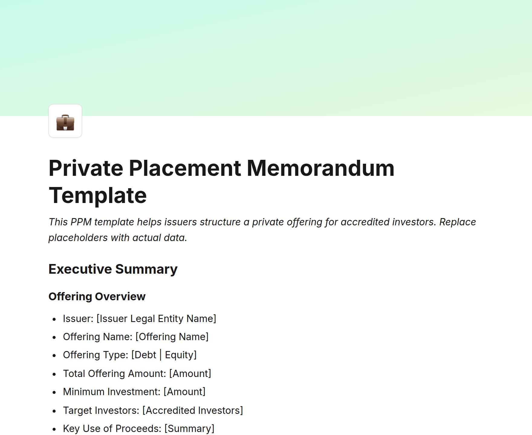 Private Placement Memorandum Template