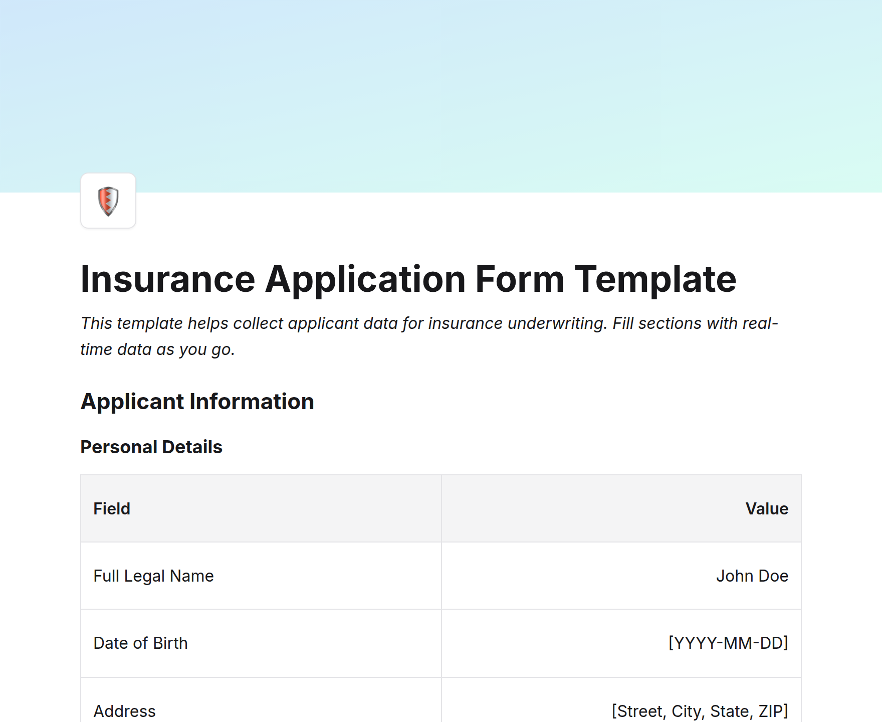 Insurance Application Form Template