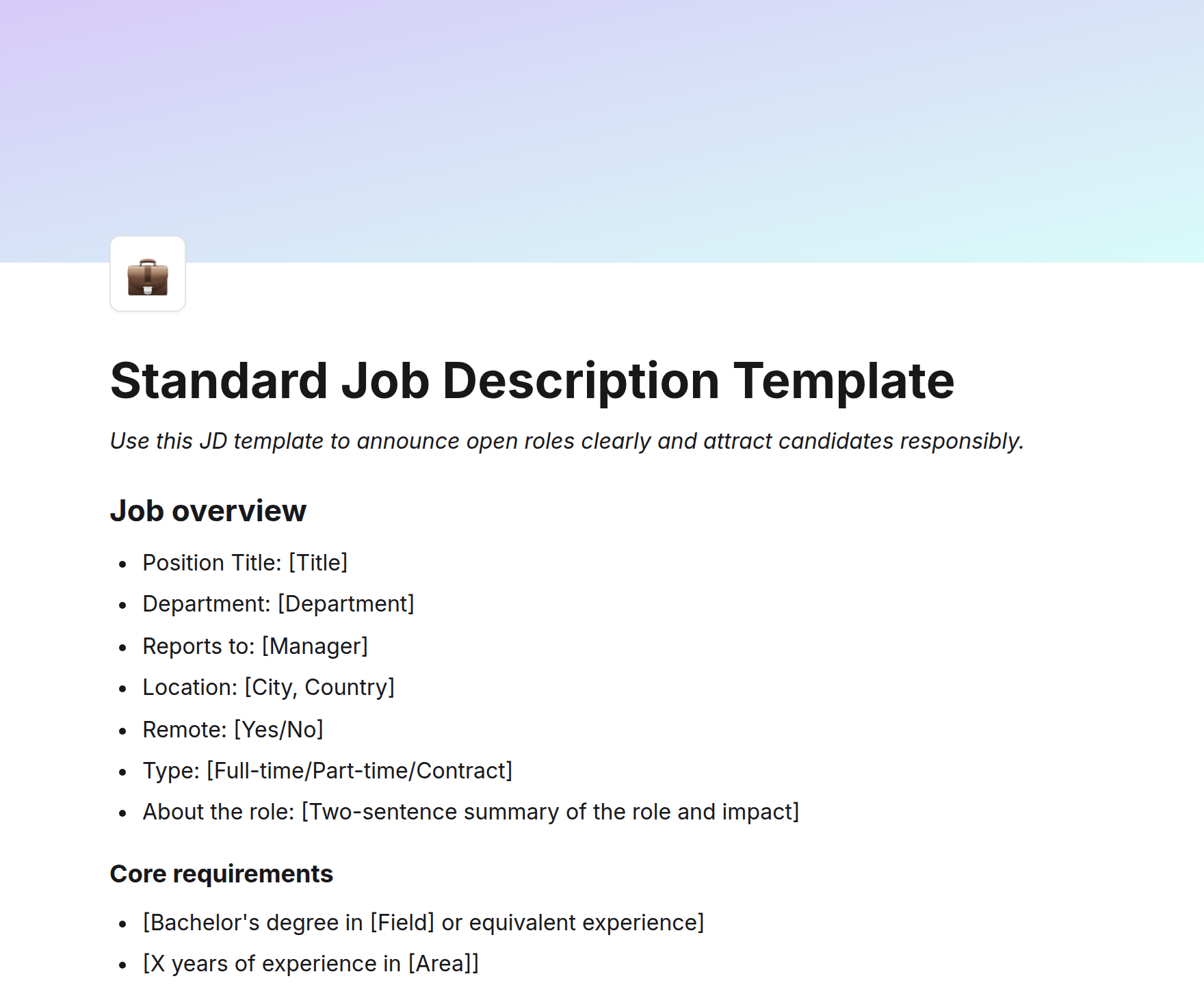 Standard Job Description Template