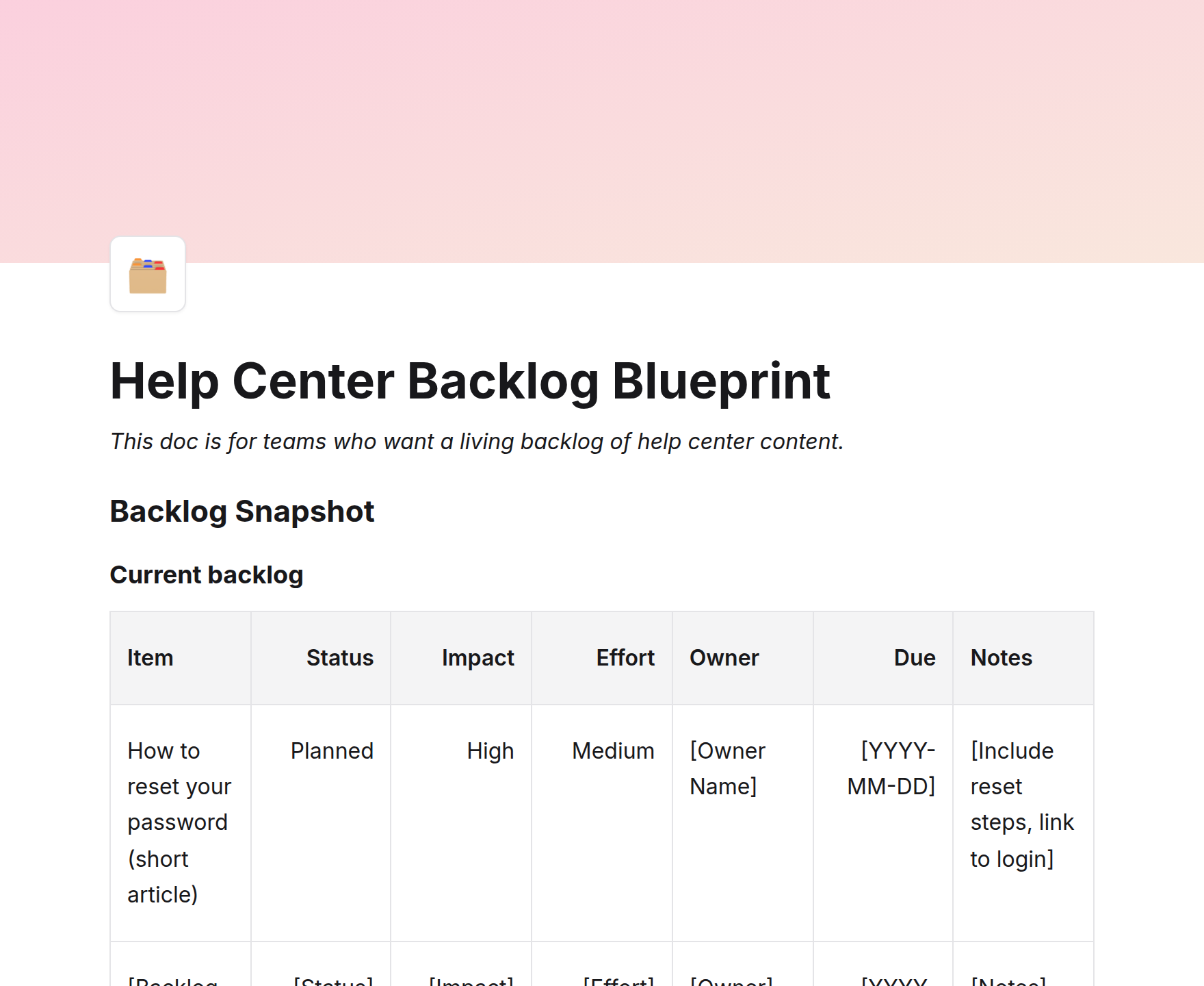 Help Center Backlog Blueprint