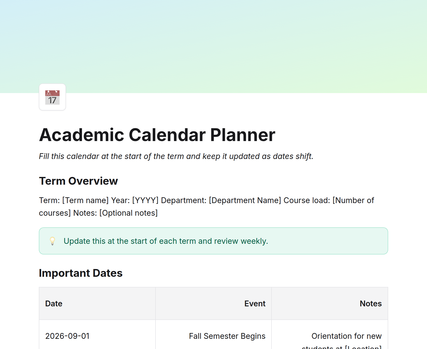 Academic Calendar Planner