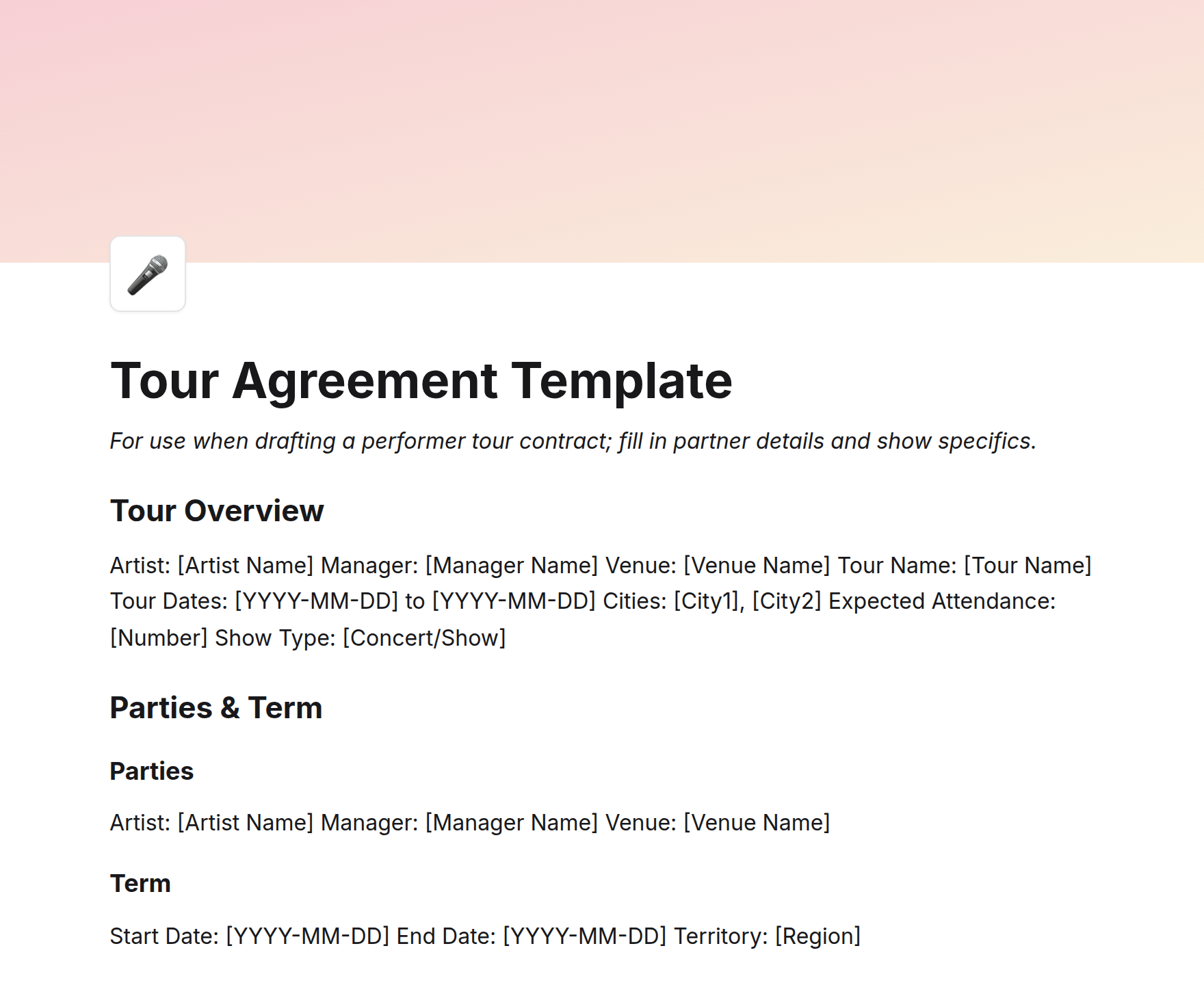 Tour Agreement Template