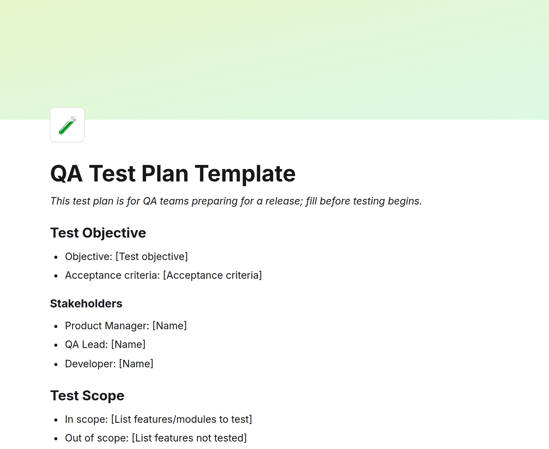 QA Test Plan Template
