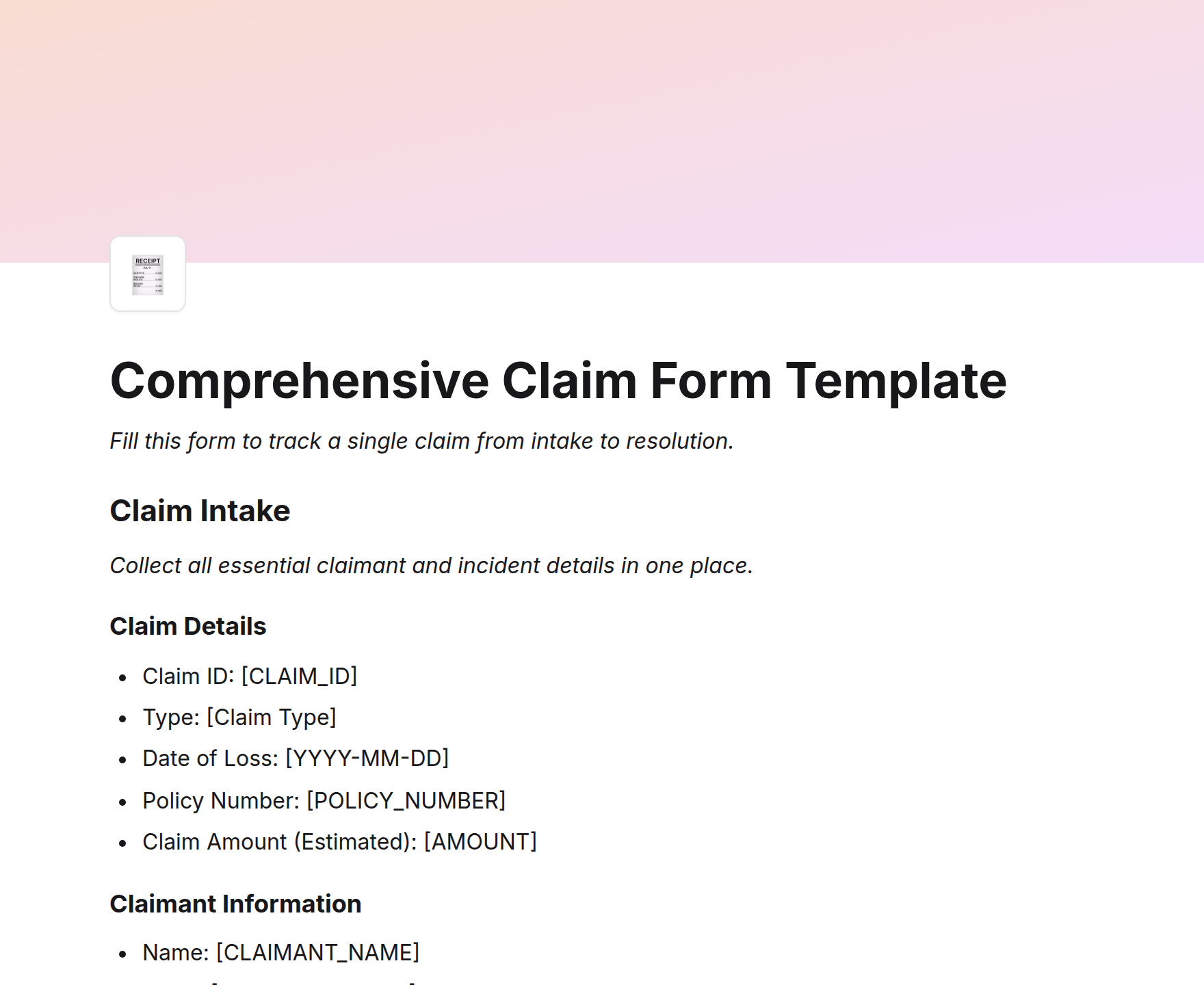Comprehensive Claim Form Template