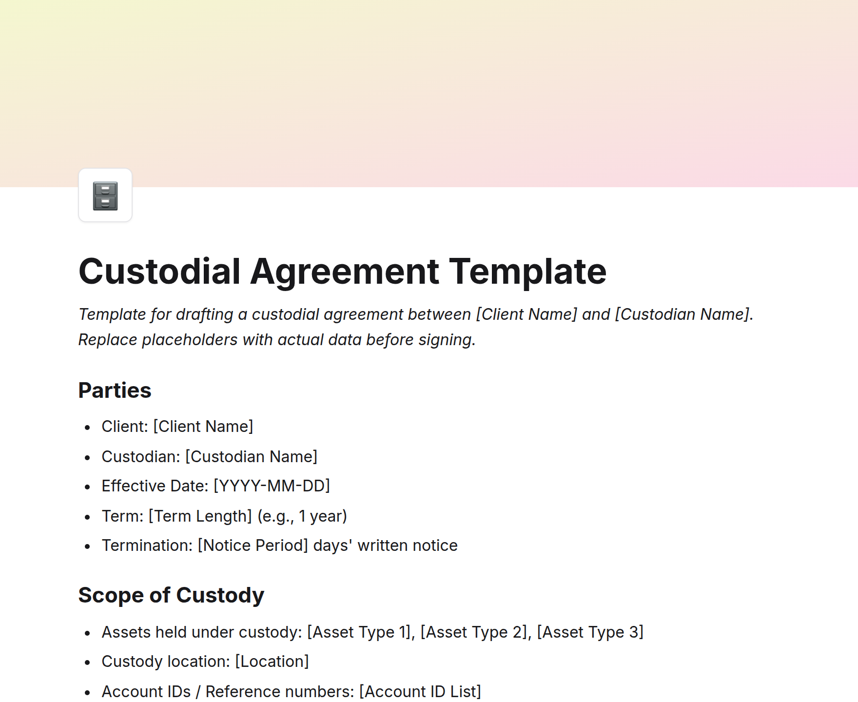 Custodial Agreement Template