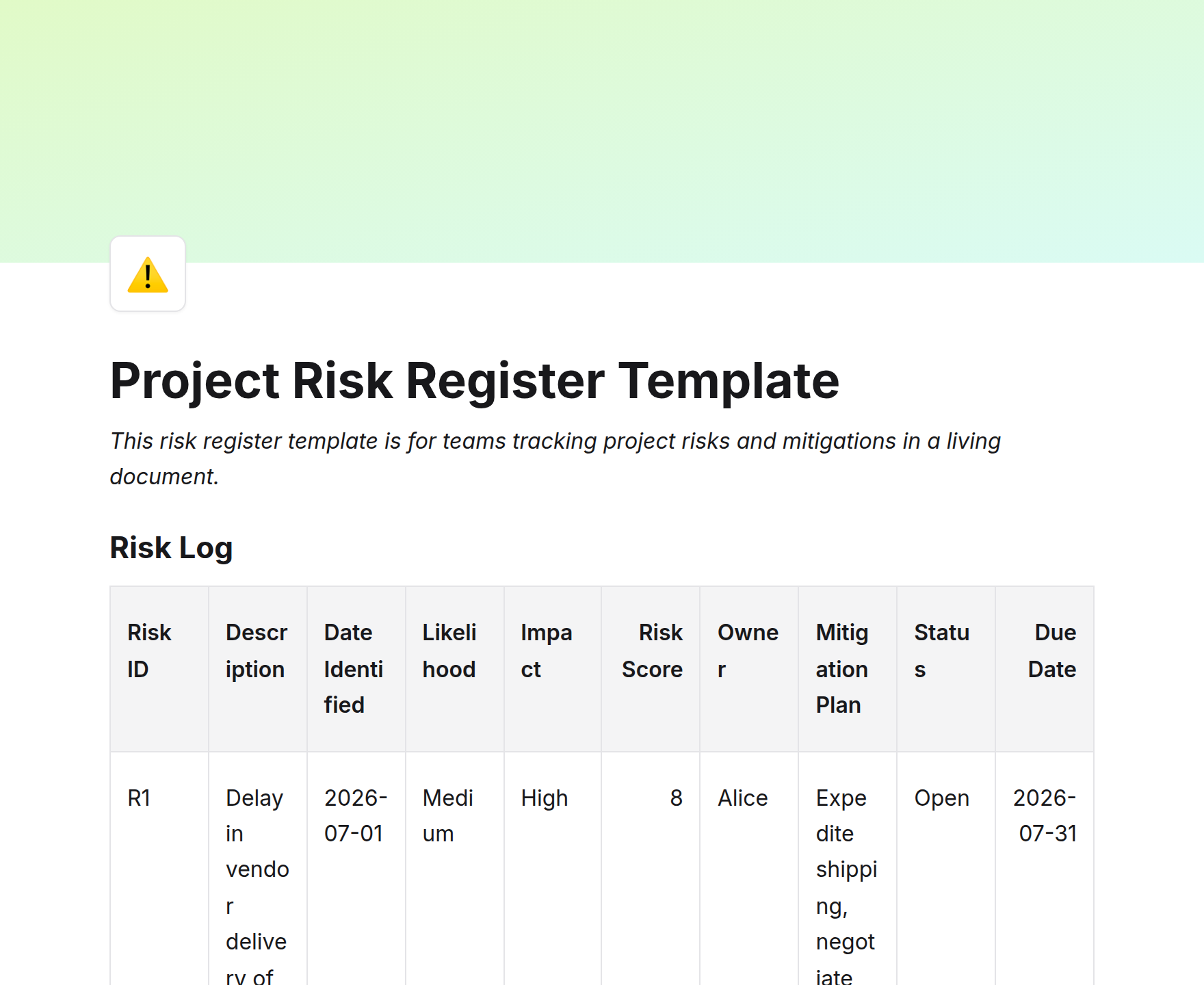 Project Risk Register Template
