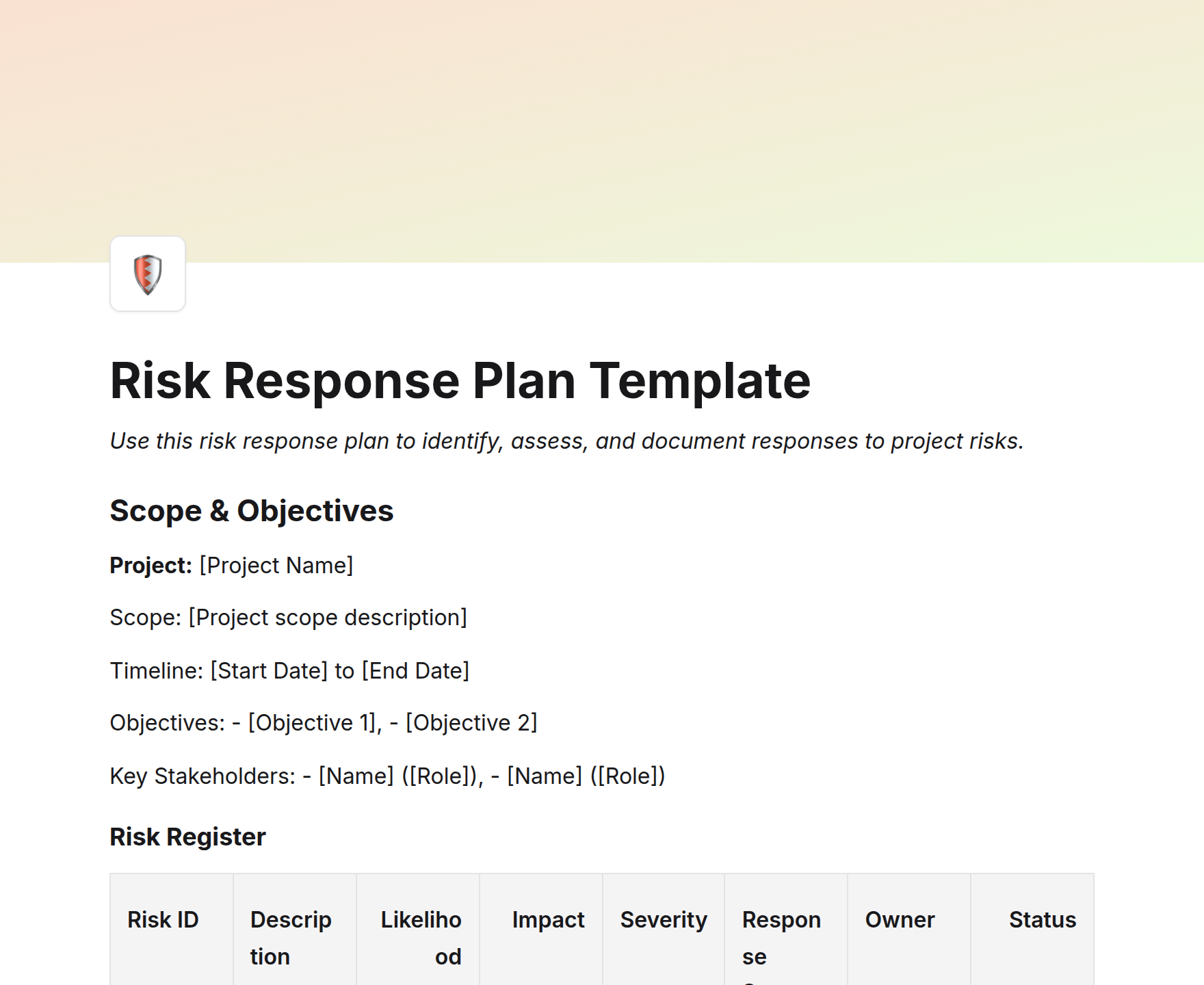 Risk Response Plan Template