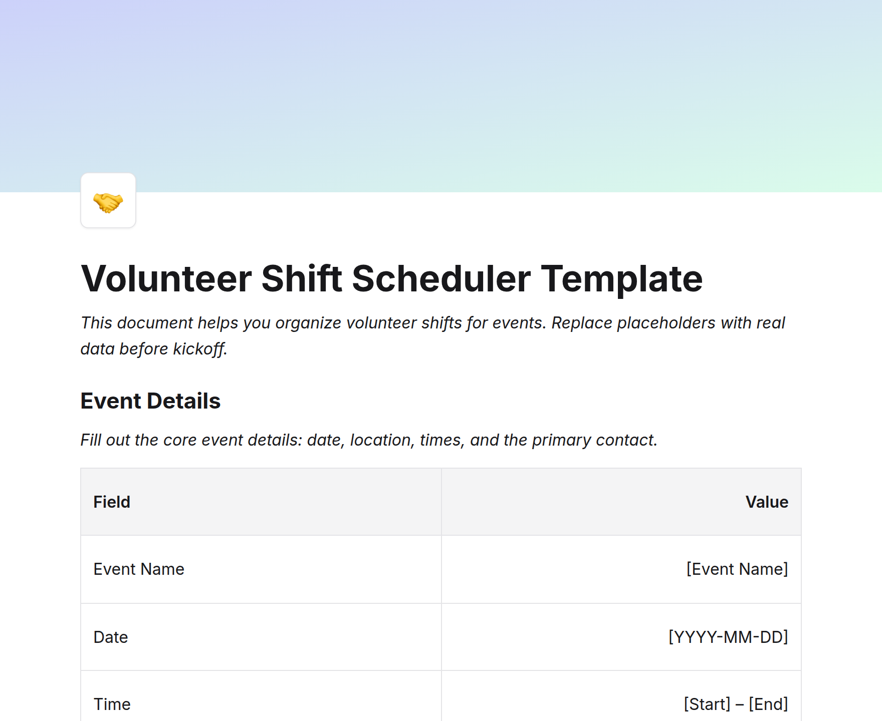 Volunteer Shift Scheduler Template