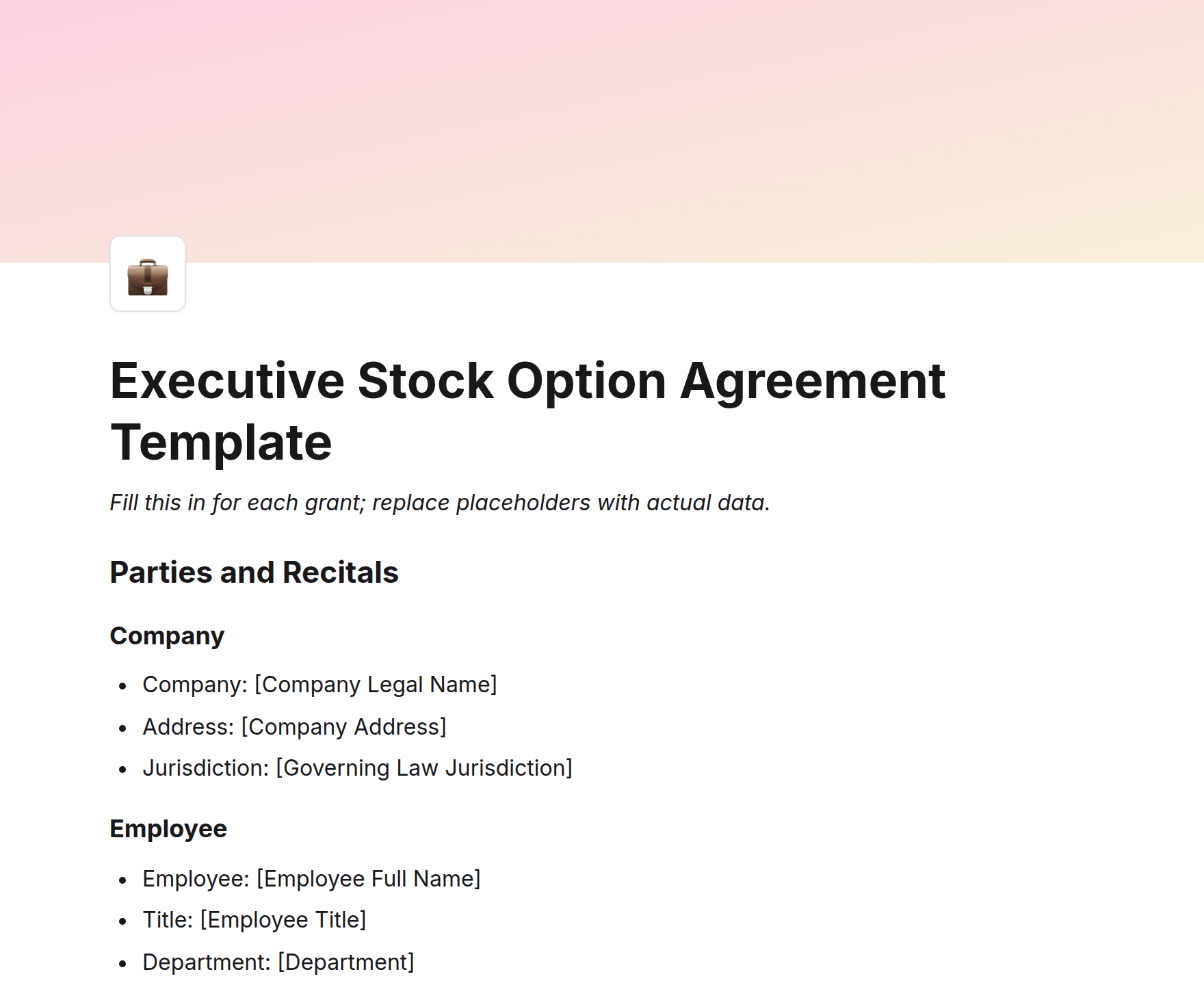 Executive Stock Option Agreement Template