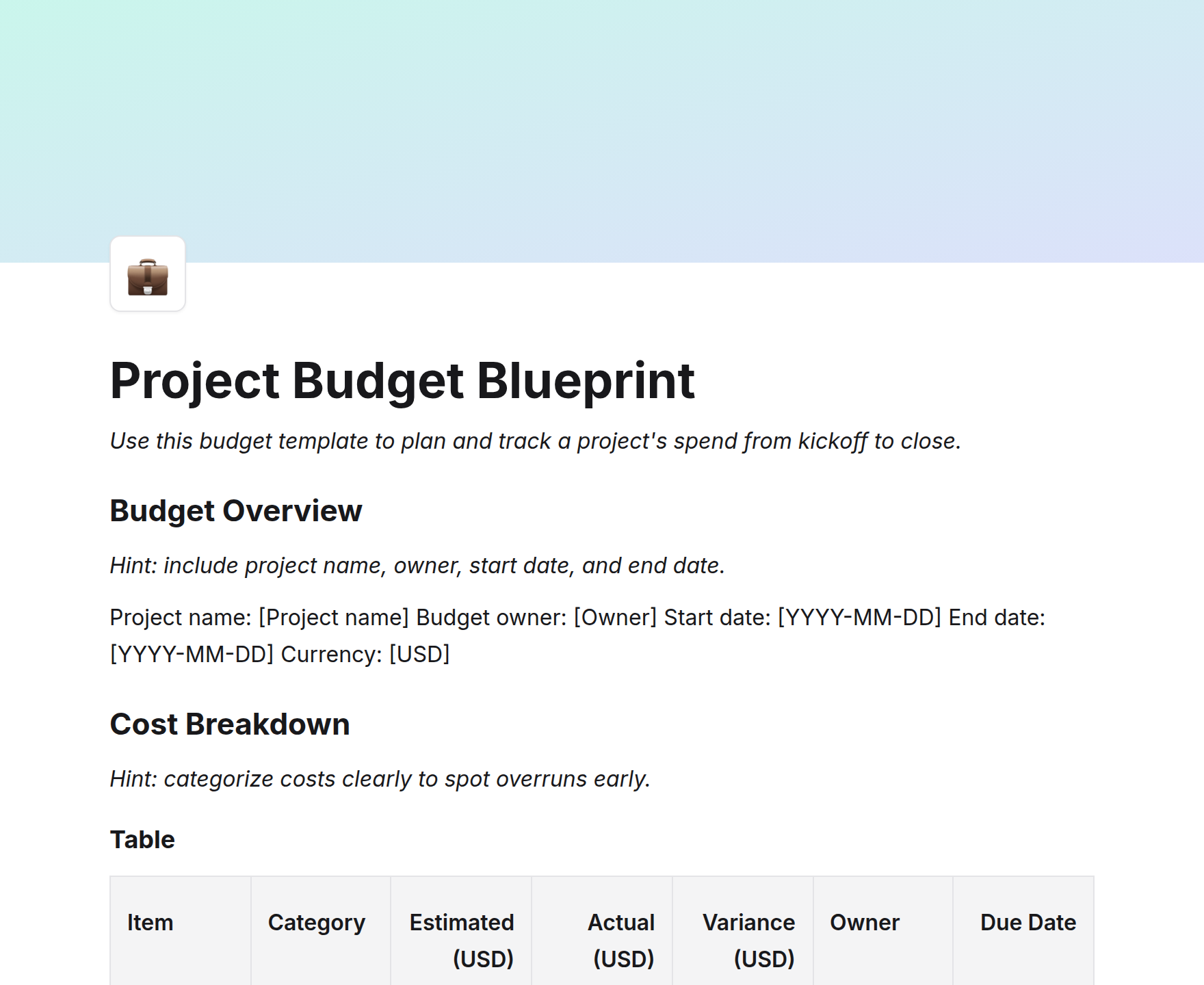 Project Budget Blueprint