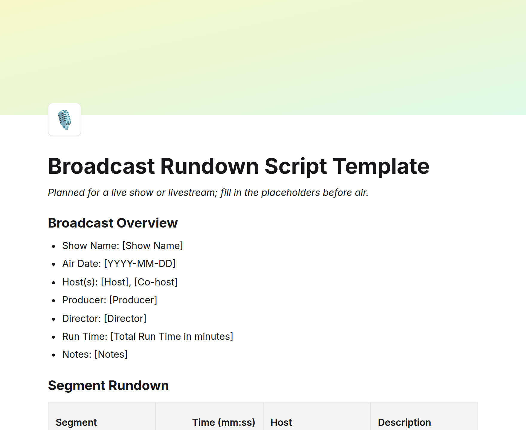 Broadcast Rundown Script Template