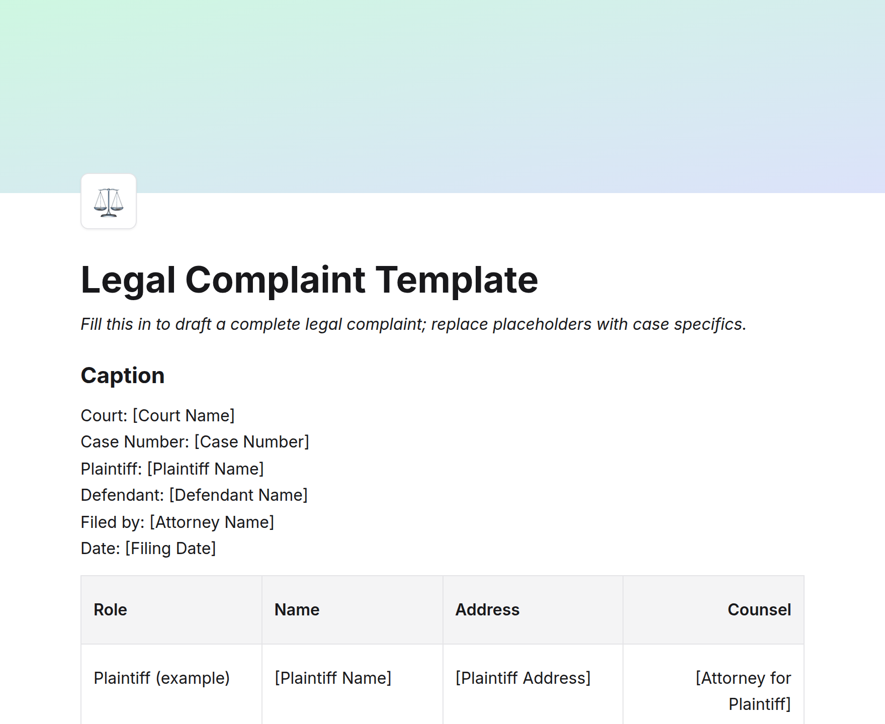 Legal Complaint Template
